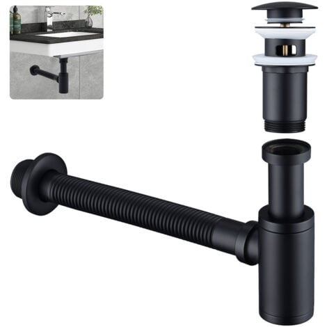 Siphon mit Ablaufgarnitur für Waschbecken Schwarz Matt Universal Röhrensiphon und Ablaufventil Bad - Messing Syphon Sifon Pop Up Abflussgarnitur Abfluss Waschtisch