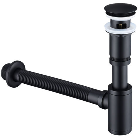 Siphon mit Pop Up Ventil Ablaufgarnitur für Waschbecken Schwarz Matt, Universal Messing Siphon, Waschbecken Stöpsel,Geruchsverschluss mit Reinigungsöffnung