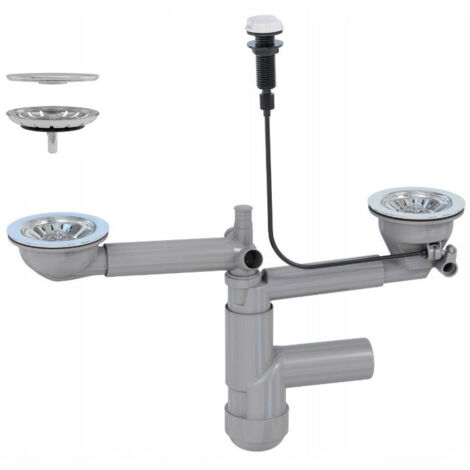 Siphon mural automatique pour évier granit à deux bacs Prevex, anti-débordement, avec connexion lave-linge et lave-vaisselle