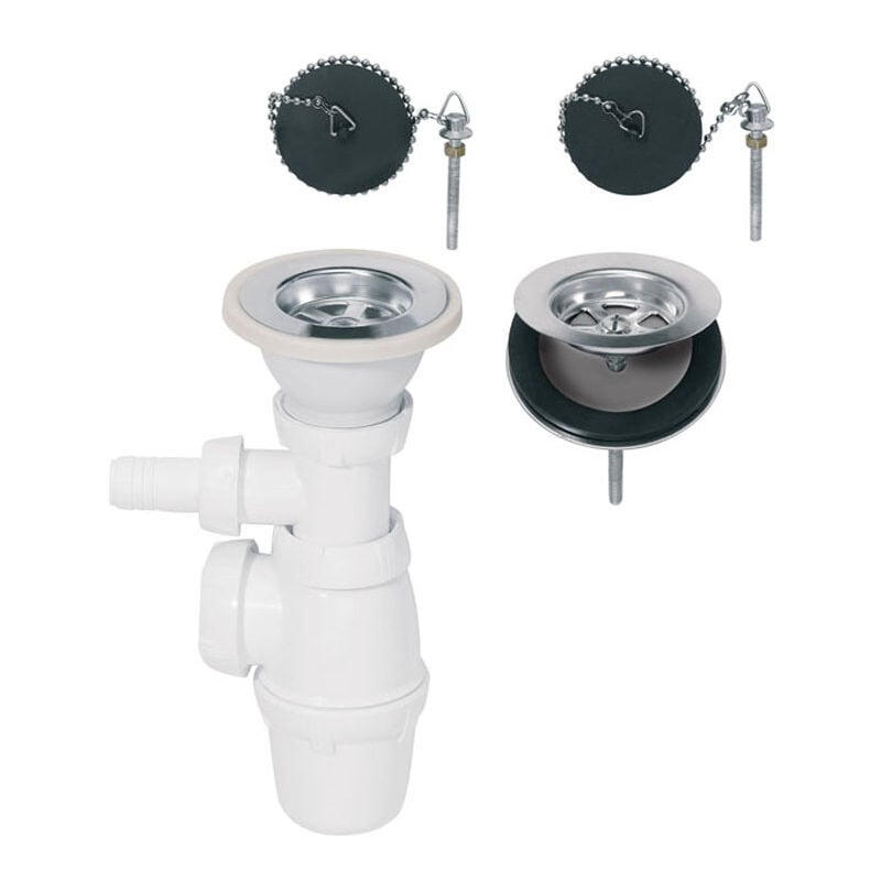 Siphon réglable et bondes à bouchon Ø60 pour évier 2 bacs communicants Wirquin Pro