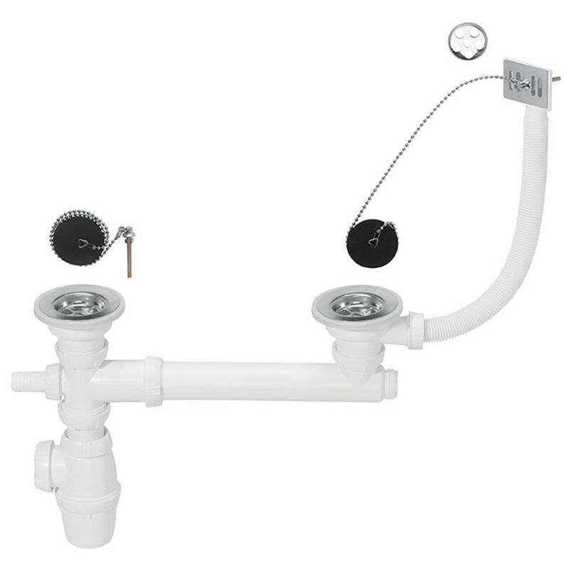 Siphon réglable et bondes à bouchon Ø60 pour évier 2 bacs Wirquin Pro