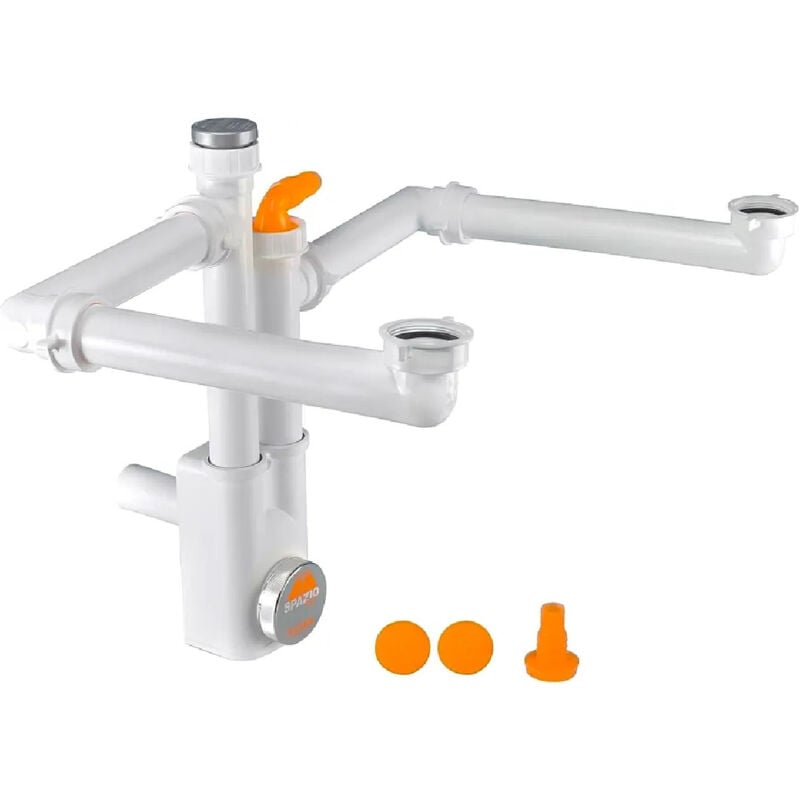 Vidage évier 2 bacs, tubulure gain de place, avec siphon et prise machine à laver