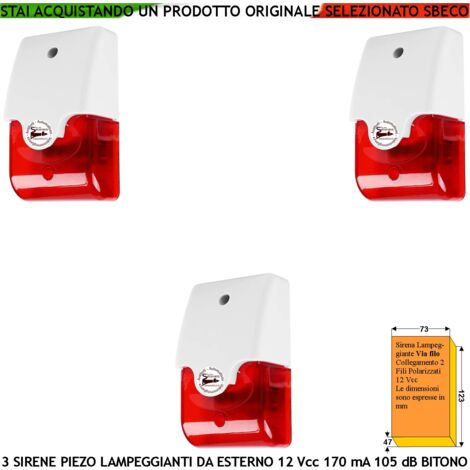 Sirena Allarme Lampeggiante 3 Pezzi con Diffusore Piezoelettrico Melodia Bitono da 1500/4000 Hz 105 dB Alimentazione 12 Vcc Assorbimento 170 mA 2 Fili Polarizzati Contenitore ABS Interno Esterno IP44