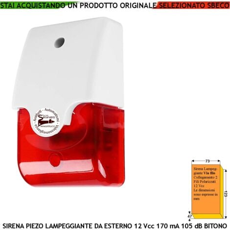 Sirena Allarme Lampeggiante con Diffusore Piezoelettrico Da Parete Melodia Bitono A/B Da 1500 a 4000 Hz 105 dB Alimentazione 12 Vcc Assorbimento 170 mA Fili Polarizzati Contenitore ABS Da Esterno IP44