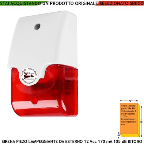 Sirena con Trasduttore Piezoelettrico e Lampeggiatore da Parete Melodia Bitonale A/B da 1500 a 4000 Hz 105 dB Alimentazione 12 Vcc Assorbimento 170 mA 2 Fili Polarizzati Contenitore ABS Esterno IP44