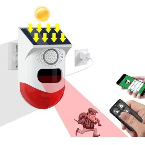 Sirène d'alarme solaire stroboscopique extérieure avec télécommande et détecteur de mouvement. Son de 120 dB. Étanche IP67. 4 modes d'alarme pour la maison et la ferme.