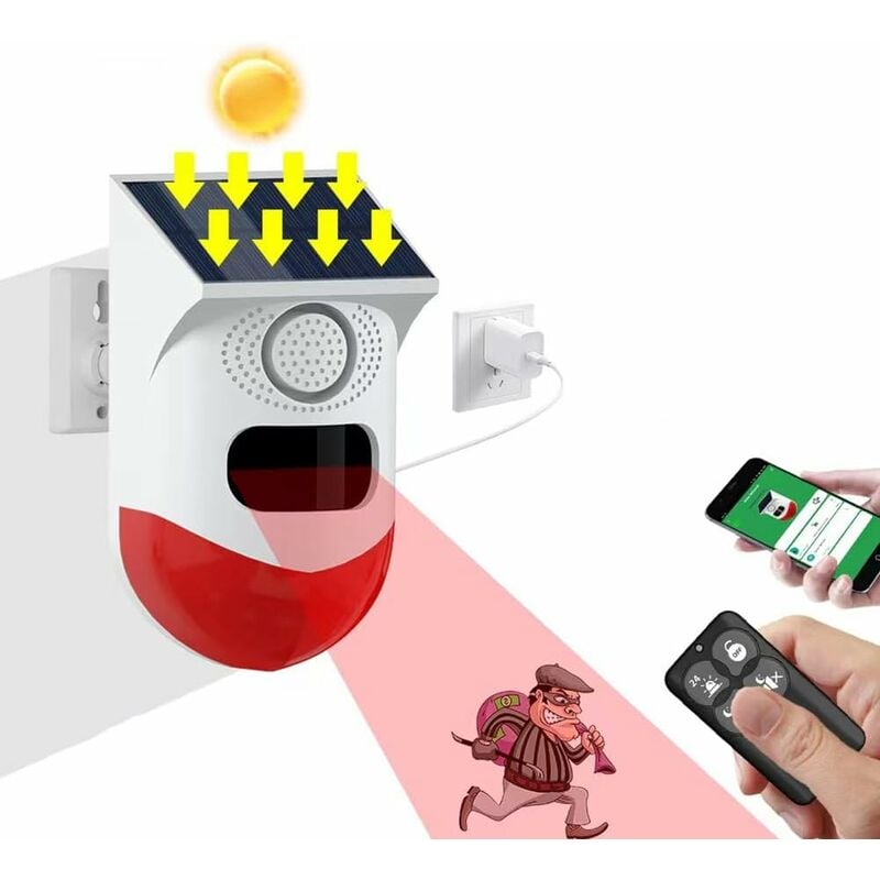 Gotrays - Sirène dalarme stroboscopique Solaire Sirène dalarme extérieure avec télécommande et capteur de Mouvement Sirène de sécurité sonore 120 db