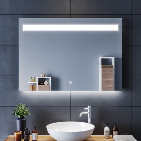SIRHONA 100x70 CM Miroir de salle de bains avec ¨¦clairage LED Miroir Cosm¨¦tiques Mural Lumi¨¨re Illumination avec Commande par Effleurement et demister