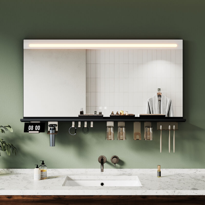 Sirhona – Miroir lumineux de salle de bain 120×60 cm – Étagère amovible – Éclairage 3 couleurs – Anti-buée – IP44 étanche