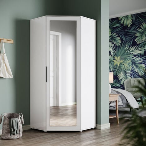 SIRHONA Armoire d'angle moderne avec miroir et tringles de penderie Meubles de rangement pour chambre à coucher blanc brillant et mat