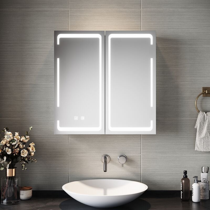 Armoire de rangement à miroir led pour salle de bain avec prise rasoir et désembuage chauffant anti-buée, double portes à fermeture progressive 590 x