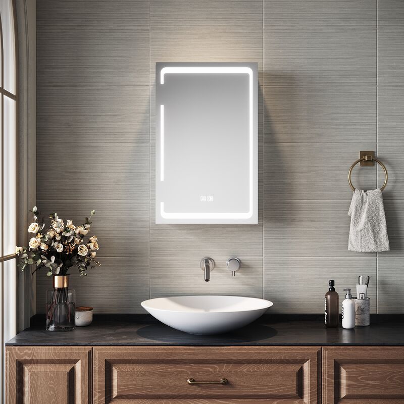 Armoire de salle de bain avec prise rasoir Armoire de salle de bain avec miroir à trois couleurs à gradation infinie et tampon de désembuage Armoires