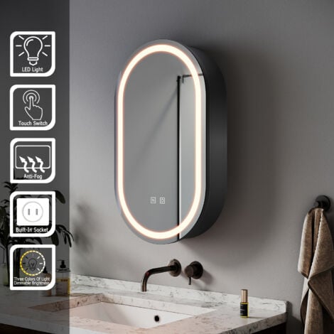 SIRHONA Armoire de toilette ovale à LED, avec prise rasoir, désembuage et 3 modes d'éclairage 400x700mm Armoire murale de salle de bain