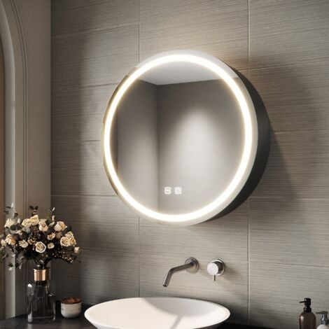 SIRHONA Armoire de toilette ronde à LED avec prise rasoir désembuage 3 modes d'éclairage 600x600mm Miroir lumineux de salle de bain