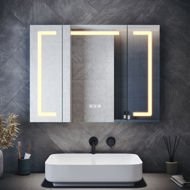 SIRHONA Armoire murale de salle de bain avec miroir LED, Bluetooth, prise rasoiret 3 modes d'éclairage, trois portes, 800x600mm