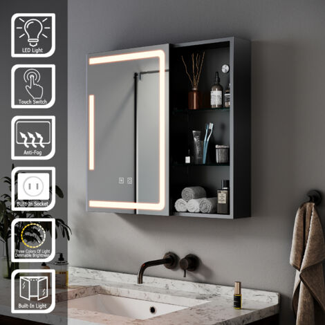 Armoire Salle De Bain Avec Miroir éclairage LED - 80x19x60 Cm, 3 étagères Réglables, Support Sèche-cheveux - Style Campagne - 3