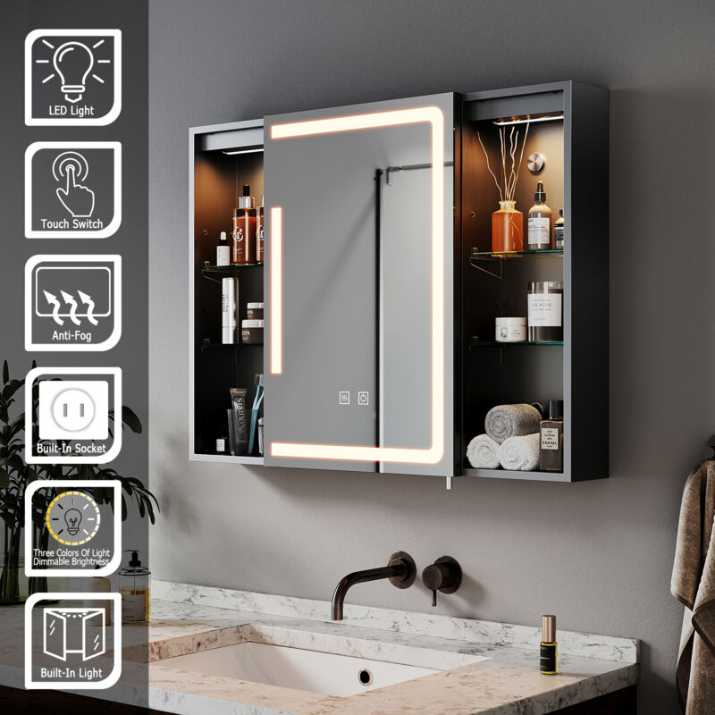 Sirhona - Armoire murale de salle de bain avec prise rasoir, désembuage et 3 modes d'éclairage 800x600mm Armoire de toilette à rangement ouvert