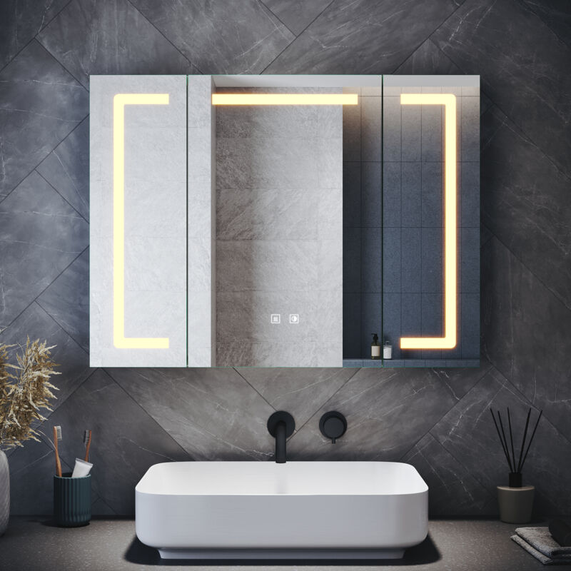 SIRHONA Armoires murales de salle de bain avec miroir LED, prise rasoir, fonction antibuée et 3 modes d'éclairage, trois portes, 800x600mm