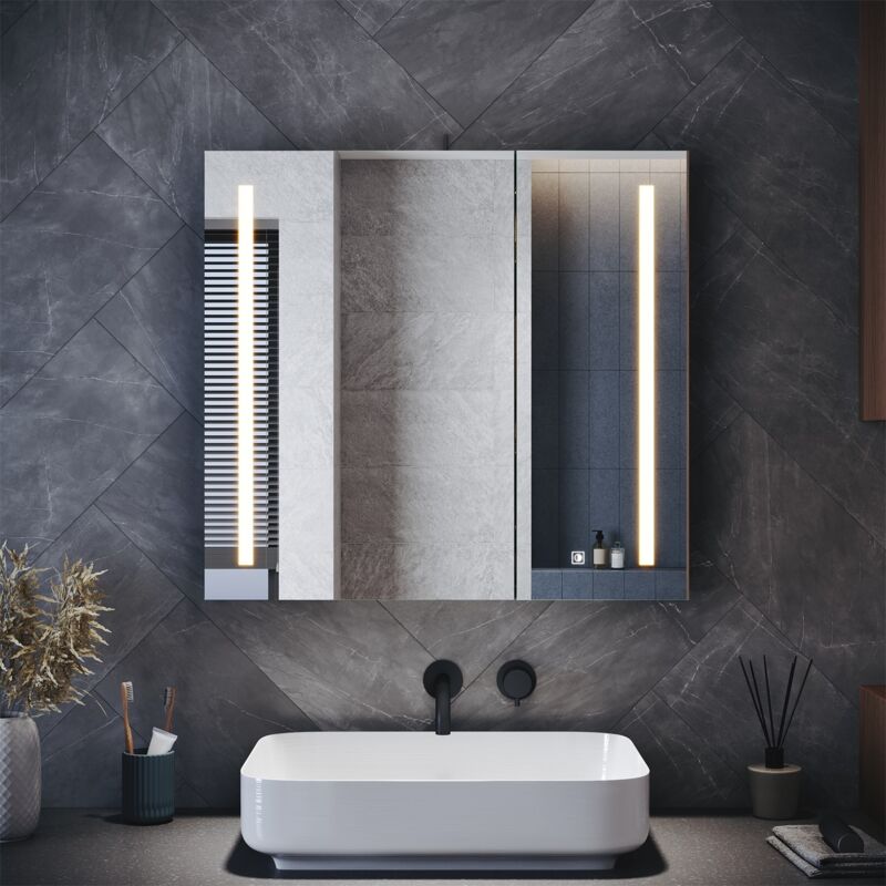 SIRHONA Armoires murales de salle de bain avec miroir LED, prise rasoir, loupe et 3 modes d'éclairage, double porte 700x650mm