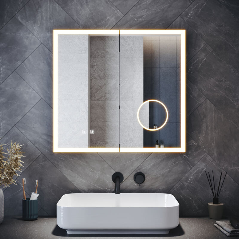 SIRHONA Armoires murales de salle de bain avec miroir LED, prise rasoir, loupe, traitement antibuée et 3 modes d'éclairage, double porte 650x600mm