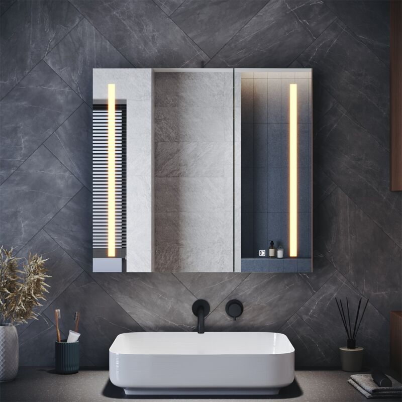 SIRHONA Armoires murales de salle de bain avec miroir LED, prise rasoir, miroir grossissant et 3 modes d'éclairage, double porte 700x650mm