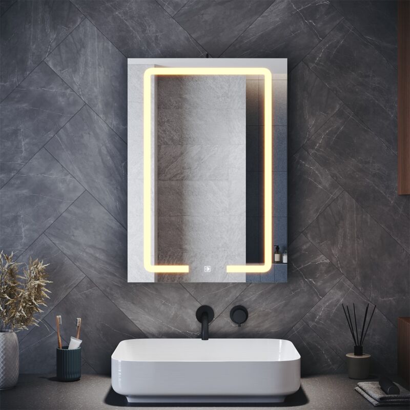 SIRHONA Armoires murales de salle de bain avec miroir LED, prise rasoir, miroir grossissant et 3 modes d'éclairage, porte simple 500x700mm
