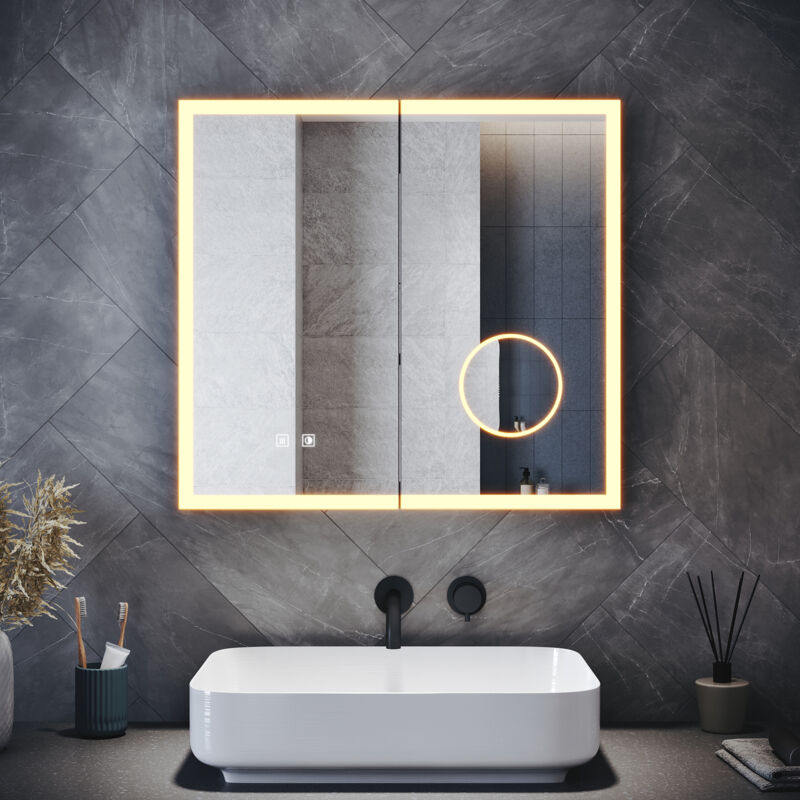 SIRHONA Armoires murales de salle de bain avec miroir LED, prise rasoir, miroir grossissant, fonction antibuée et 3 modes d'éclairage, double porte