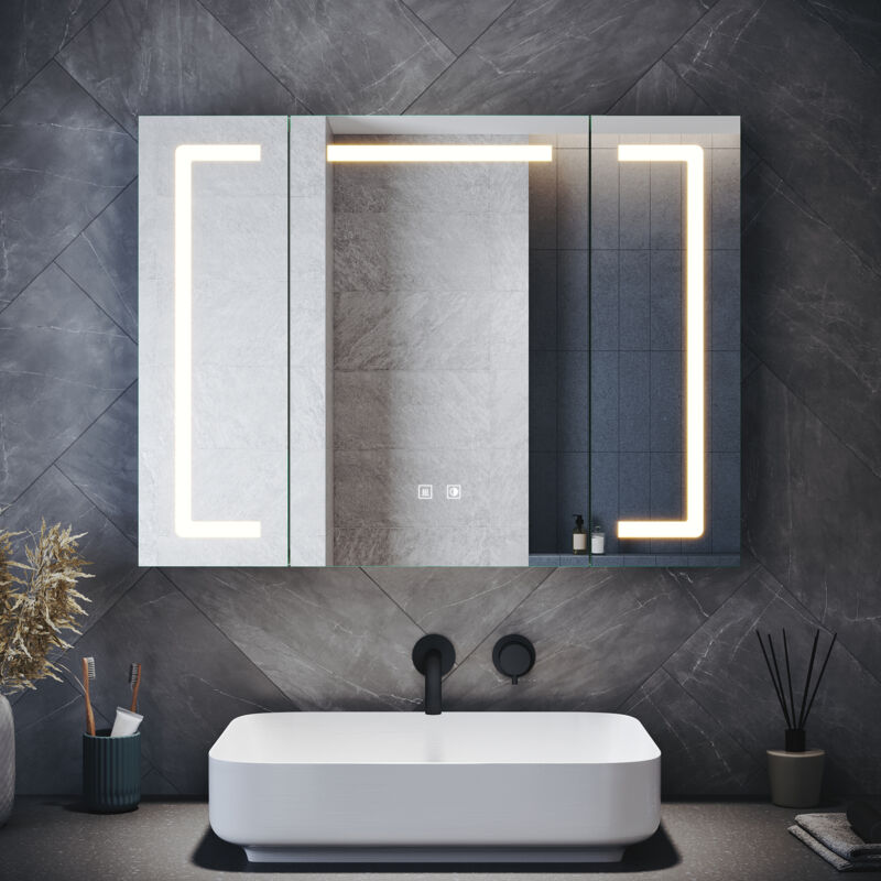 SIRHONA Armoires murales de salle de bain avec miroir LED, prise rasoir, traitement antibuée et 3 modes d'éclairage, trois portes, 800x600mm