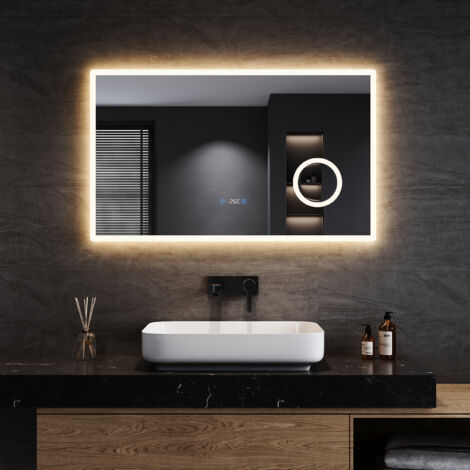 SIRHONA Badspiegel mit Beleuchtung Touch Schalter Energie Sparen mit dreifacher Lupe mit Uhr Vergrößerungsspiegel Klatweiß 80x60cm