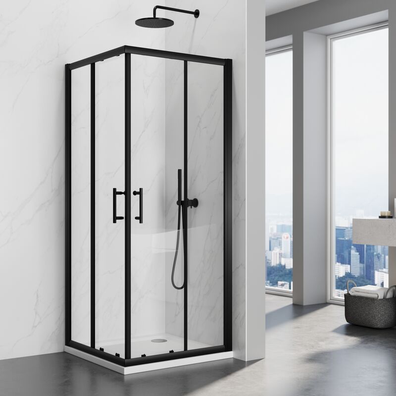 Sirhona - Cabine de Douche Noir 5mm Verre Trempé Porte de Douche Coulissante Porte de Douche Coulissante l'ccès d'Angle 76 x 76 x 195cm