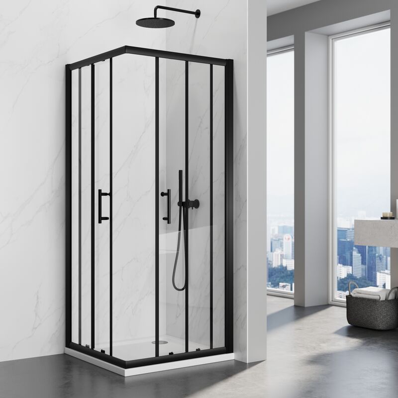Sirhona - Cabine de Douche Transparente Bordure Noire Porte de Douche Coulissante en Verre Trempé de 5 mm Porte de Douche Coulissante à Canal d'angle