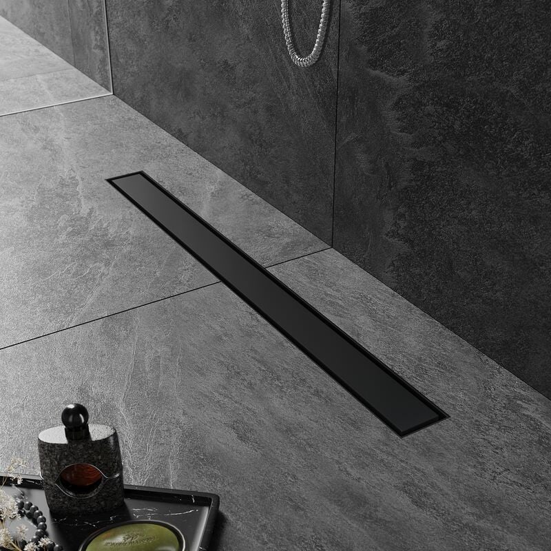 SIRHONA Caniveau Douche Noir Italienne 80cm à carreler, Siphon de Sol Douche Modèle 2 en 1, Acier Inoxydable