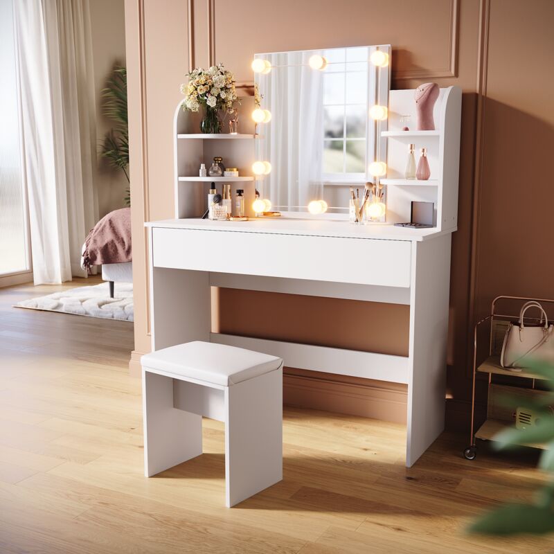 Coiffeuse avec Miroir LED,Table de Maquillage avec Tiroir et 4 Étagères ,Tabouret Commode Cosmétiques Chambres à Coucher - Sirhona