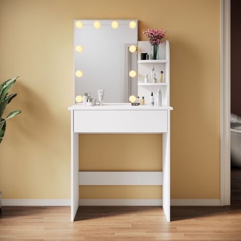 SIRHONA Coiffeuse avec Miroir, Table de maquillage avec 1 tiroir et 3 Compartiments Ouverts, Table de vanité, Blanc + 10 Ampoules LED (3 couleurs) Style Moderne,