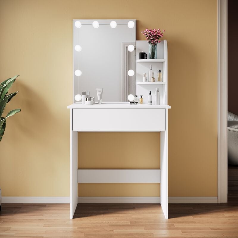 Sirhona - Coiffeuse avec Miroir, Table de maquillage avec 1 tiroir et 3 Compartiments Ouverts, Table de vanité, Style Moderne, Blanc + 10 Ampoules