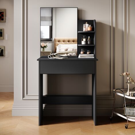 SIRHONA Coiffeuse avec Miroir, Table de maquillage avec 1 tiroir et 3 Compartiments Ouverts, Table de vanité, Style Moderne, Noir