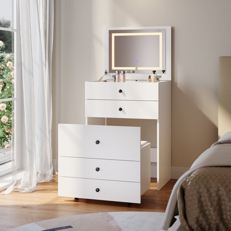 Sirhona - Coiffeuse avec miroir tactile led Mode de réglage de la lumière en 3 couleurs Coiffeuse multifonctionnelle avec chaise dissimulée et