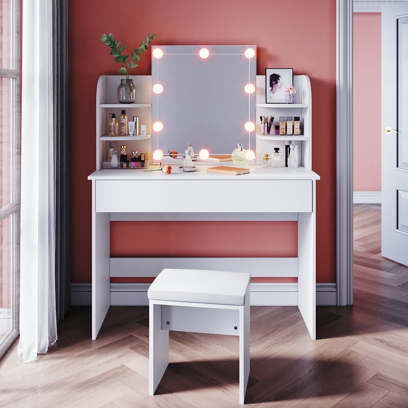 Sirhona - Coiffeuse avec Miroir et Tabouret 1 Tiroir, 4 Compartiments de Rangement Miroir - 108x40x140cm - Coiffeuse avec 10 Ampoules led