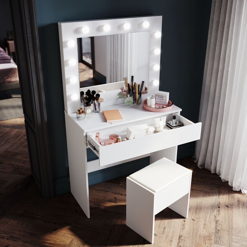 Coiffeuse avec éclairage led Lumière réglable Grand tiroir Moderne Blanc Coiffeuse avec Miroir + Tabouret de Maquillage - Sirhona