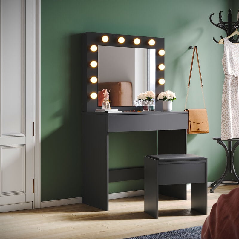 Coiffeuse avec éclairage led Lumière réglable Grand tiroir Moderne Noir Coiffeuse avec Miroir + Tabouret de Maquillage - Sirhona
