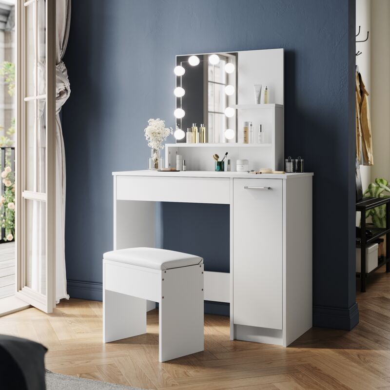 Sirhona - Coiffeuse éclairée, Blanc, 90x40x136 cm Double armoire de rangement Eclairage led 3 couleurs Coiffeuse chambre 90x40x136 cm