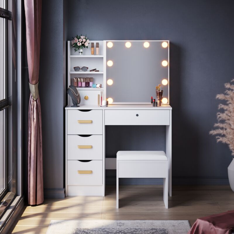 Coiffeuse éclairée Blanc Meuble de rangement dissimulé Coiffeuse chambre 90x38x132 cm - Sirhona