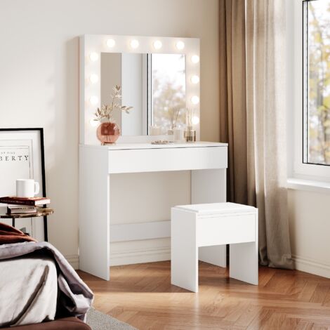 SONNI SIRHONA Coiffeuse et tabouret avec lumières 12 ampoules LED tricolores dimmables Blanc Coiffeuse moderne 80 x 40 x 140mm