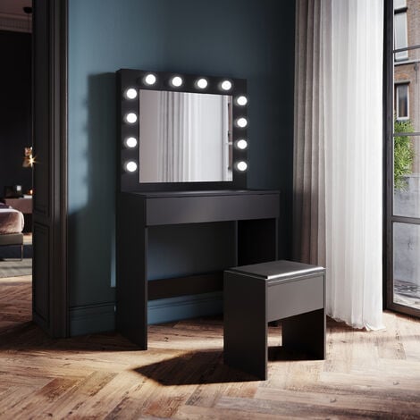 SIRHONA Coiffeuse et tabouret avec lumières 12 ampoules LED tricolores dimmables Noir Coiffeuse moderne 80 x 40 x 140mm
