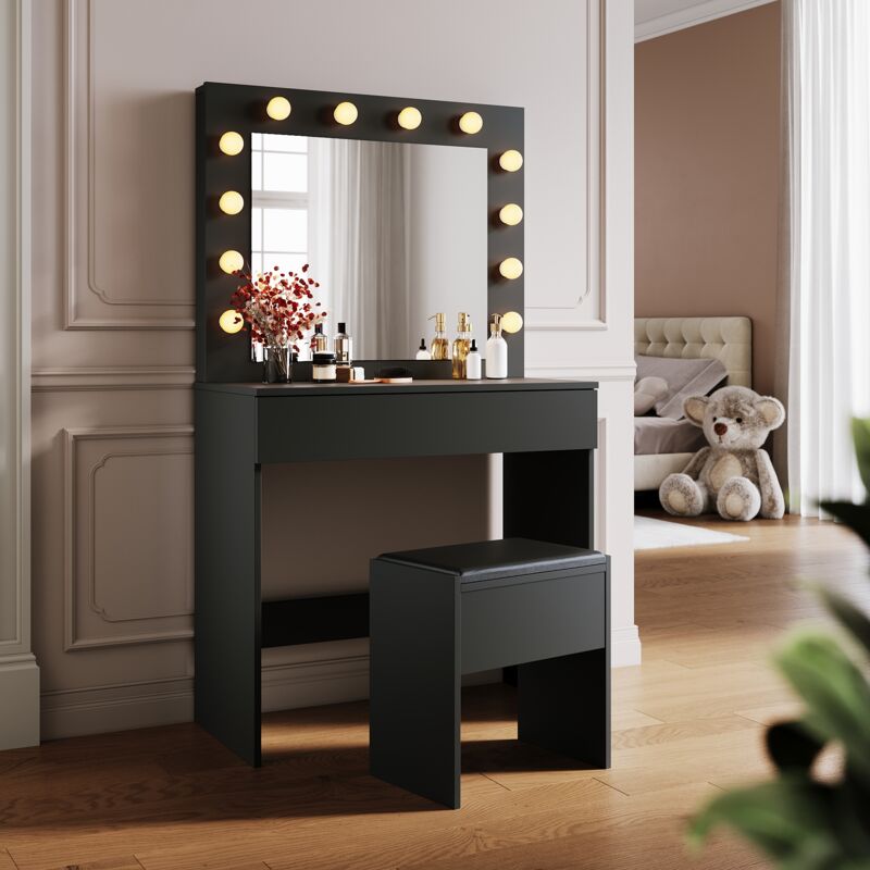Sirhona - Coiffeuse et tabouret avec lumières 80 x 40 x 140mm 12 ampoules led tricolores dimmables Noir Coiffeuse moderne