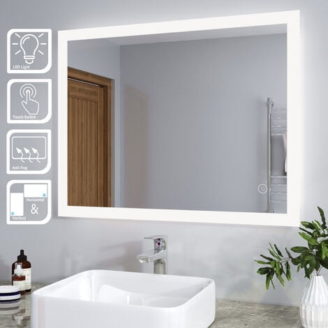 SIRHONA Espejo Baño con Luz Antivaho 90x70cm Espejo Baño LED de Pared Rectangular con Interruptor Táctil