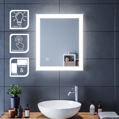 SIRHONA Espejo Baño con Luz Interruptor Táctil Espejo Baño LED Pared Montaje Horizontal/Veritical 50x60cm