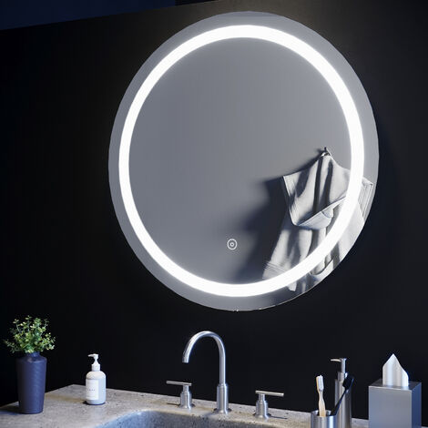 SIRHONA Espejo de baño Antivaho Iluminado RedondoEspejo de Baño LED Retroiluminado con Interruptor  80 x 80 cm Táctil Espejo LED de Bajo Consumo IP44 Fácil Instalación