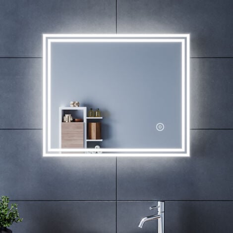 SIRHONA Espejo de Baño 50x60cm con Luces LED, Espejo Rectangular de Pared con Interruptor Táctil, Espejo de Luz de Baño Espejo Grandes de Pared