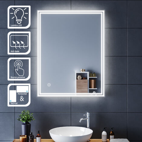 SIRHONA Espejo de baño Rectangular Espejo Led  70x90cm con Interruptor Táctil-Espejo Pared para Baño con Función Anti-Niebla-Frío Blanco(6500K)-Ahorro de Energía